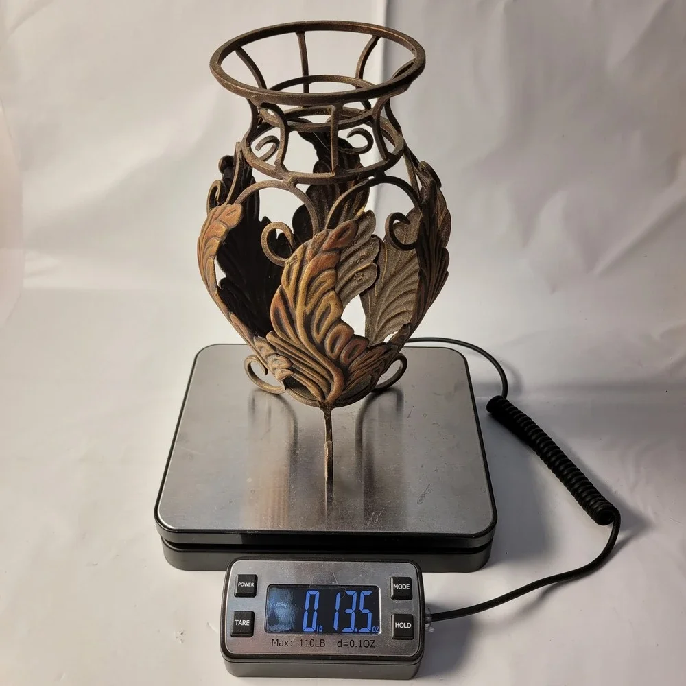 Metal Pillar Candle Holder‎ Bronze Look Steel Acanthus Leaf Scroll Footed 9in